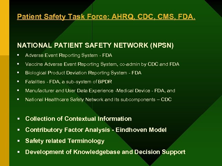 Patient Safety Task Force: AHRQ, CDC, CMS, FDA. NATIONAL PATIENT SAFETY NETWORK (NPSN) §