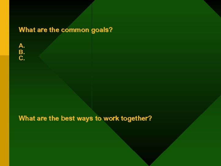 What are the common goals? A. B. C. What are the best ways to