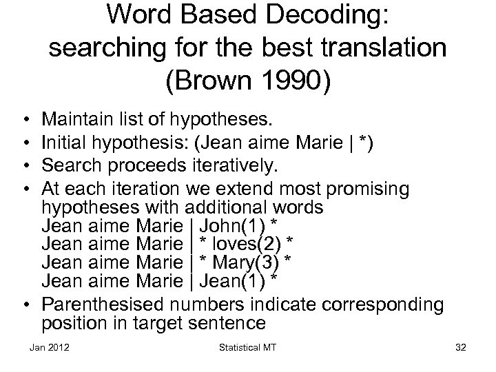 Word Based Decoding: searching for the best translation (Brown 1990) • • Maintain list