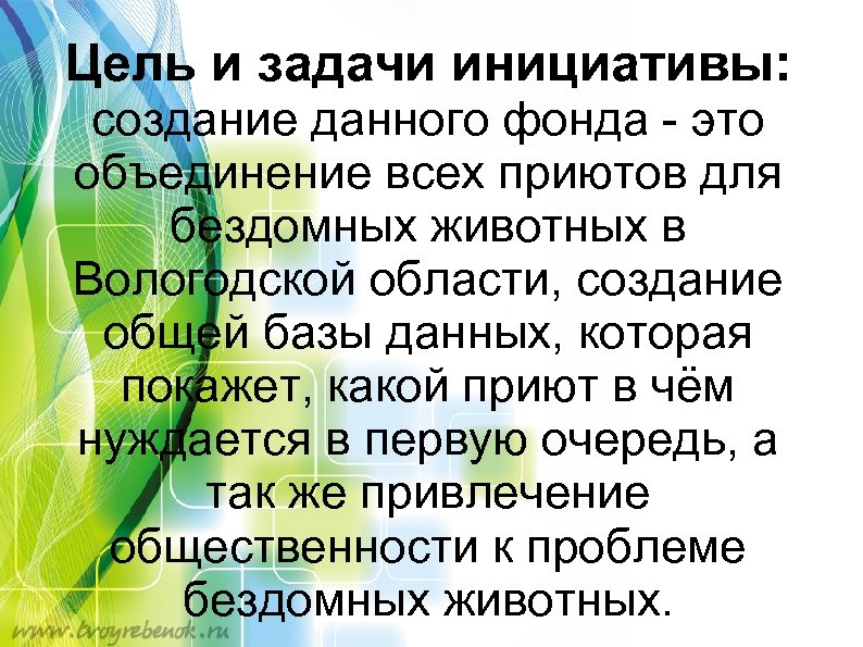 Цель и задачи инициативы: создание данного фонда - это объединение всех приютов для бездомных