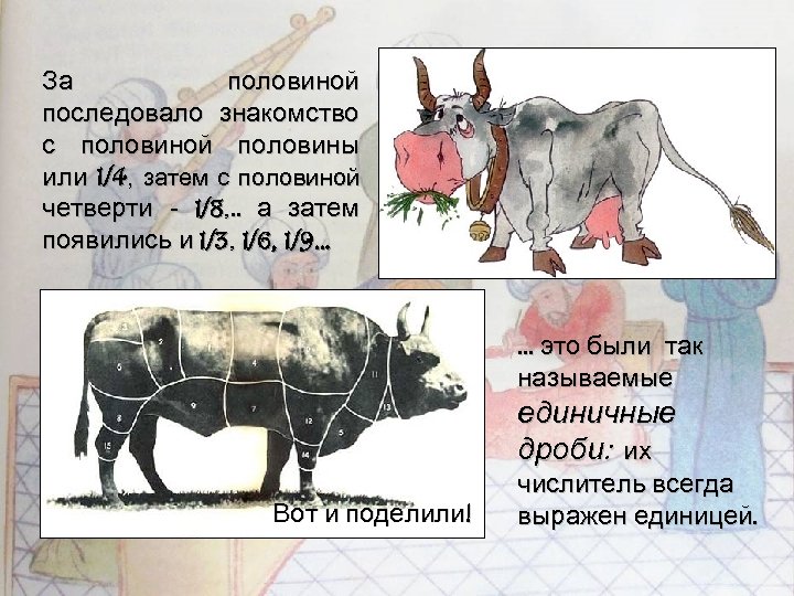 За половиной последовало знакомство с половиной половины или 1/4, затем с половиной четверти -