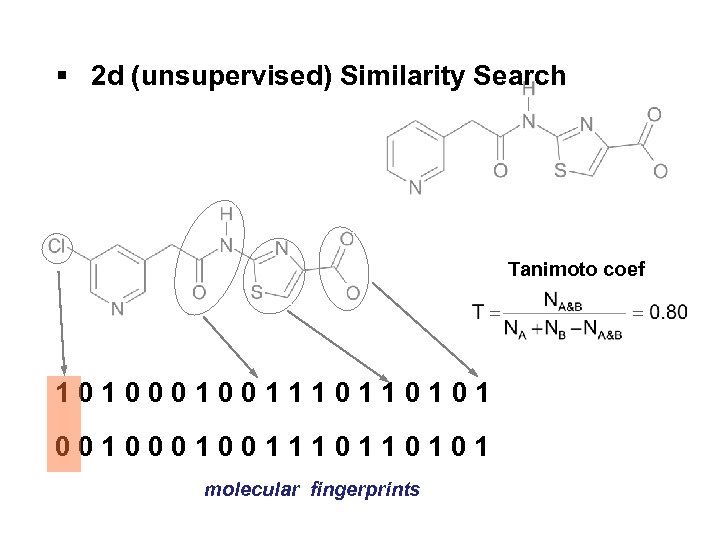 § 2 d (unsupervised) Similarity Search Tanimoto coef 101001110110101 001001110110101 molecular fingerprints 