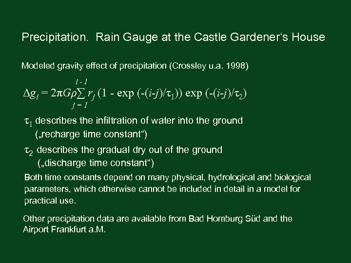 Precipitation. Rain Gauge at the Castle Gardener‘s House Modeled gravity effect of precipitation (Crossley