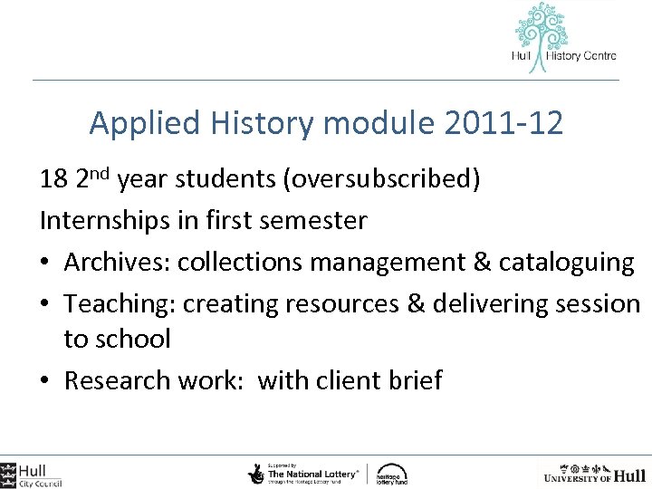 Applied History module 2011 -12 18 2 nd year students (oversubscribed) Internships in first
