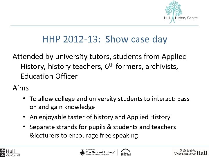 HHP 2012 -13: Show case day Attended by university tutors, students from Applied History,