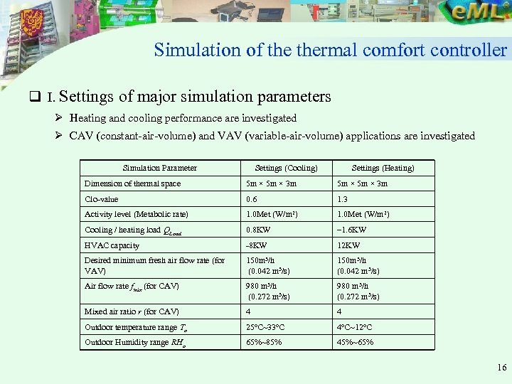 Simulation of thermal comfort controller q I. Settings of major simulation parameters Ø Heating