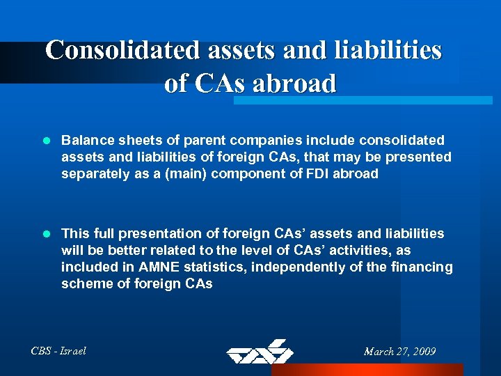 Consolidated assets and liabilities of CAs abroad l Balance sheets of parent companies include