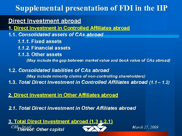 Supplemental presentation of FDI in the IIP Direct Investment abroad 1. Direct Investment in