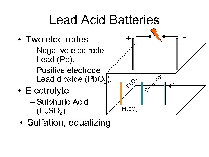 Lead Acid Batteries – Sulphuric Acid (H 2 SO 4). • Sulfation, equalizing Pb