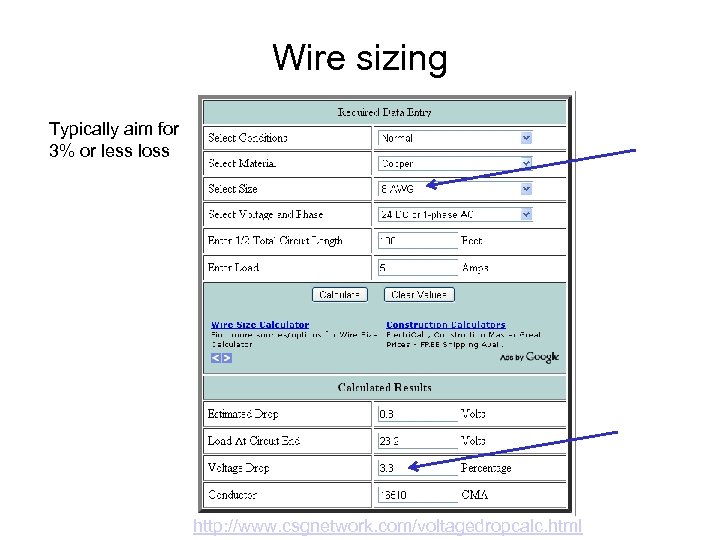 Wire sizing Typically aim for 3% or less loss http: //www. csgnetwork. com/voltagedropcalc. html