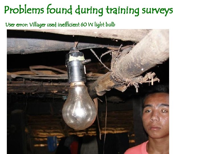 Problems found during training surveys User error: Villager used inefficient 60 W light bulb