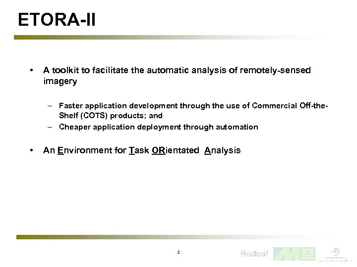 ETORA-II • A toolkit to facilitate the automatic analysis of remotely-sensed imagery – Faster