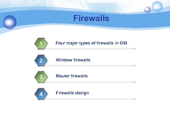 Firewalls 1 Four major types of firewalls in OSI 2 Window firewalls 3 Router