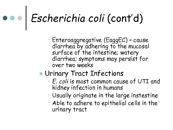 Escherichia coli (cont’d) • Enteroaggregative (Eagg. EC) – cause diarrhea by adhering to the