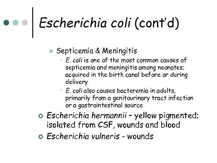 Escherichia coli (cont’d) l Septicemia & Meningitis • E. coli is one of the