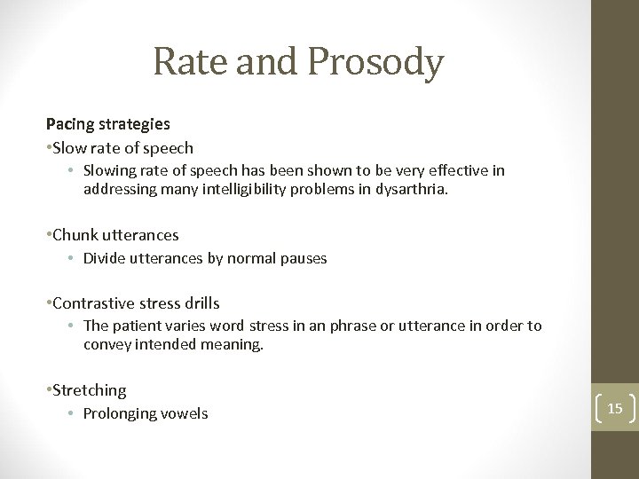 Rate and Prosody Pacing strategies • Slow rate of speech • Slowing rate of