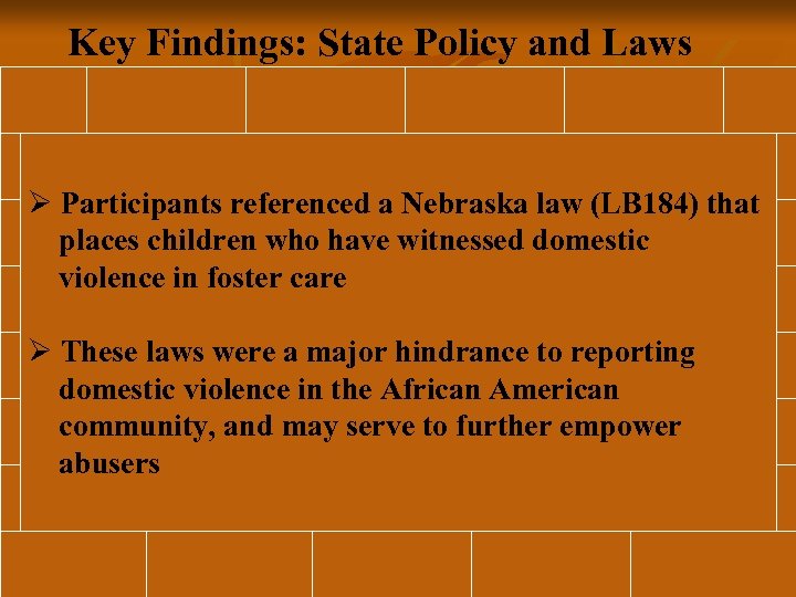 Key Findings: State Policy and Laws Ø Participants referenced a Nebraska law (LB 184)