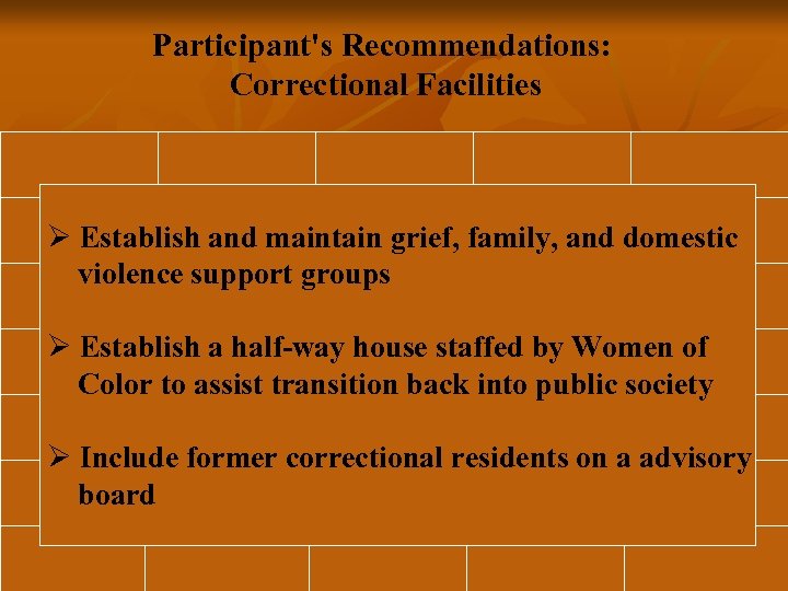 Participant's Recommendations: Correctional Facilities Ø Establish and maintain grief, family, and domestic violence support