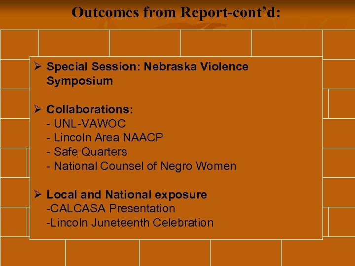 Outcomes from Report-cont’d: Ø Special Session: Nebraska Violence Symposium Ø Collaborations: - UNL-VAWOC -