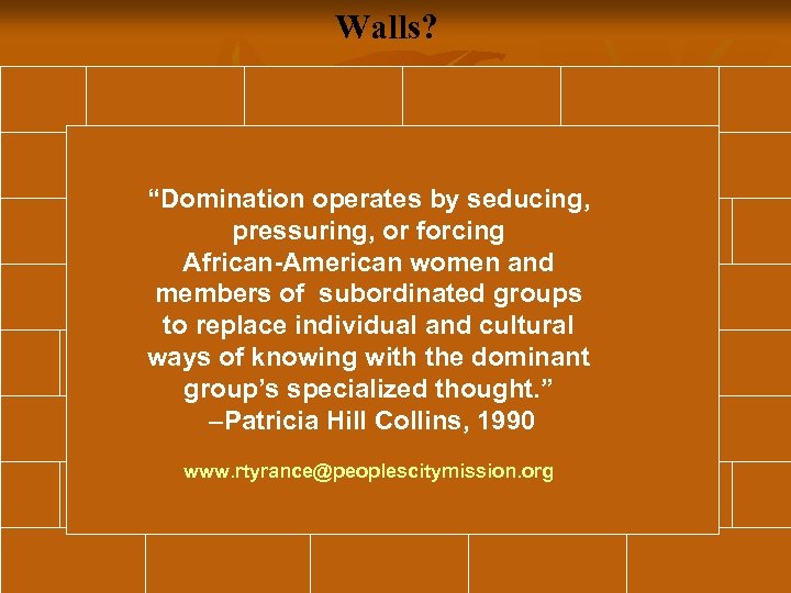 Walls? “Domination operates by seducing, pressuring, or forcing African-American women and members of subordinated