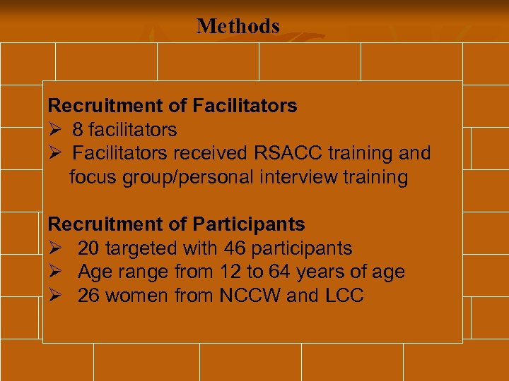Methods Recruitment of Facilitators Ø 8 facilitators Ø Facilitators received RSACC training and focus