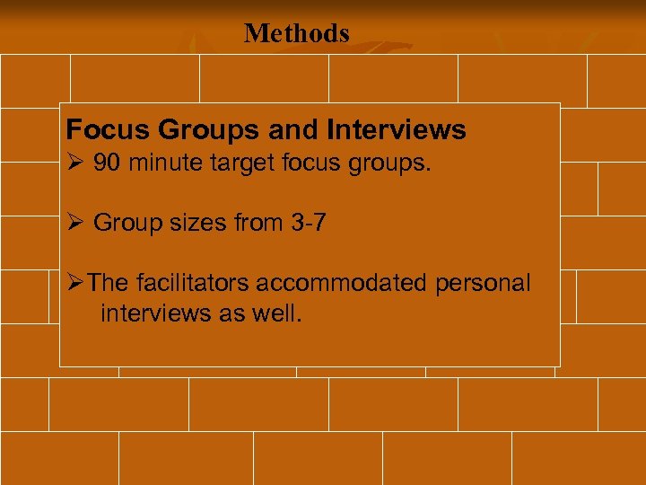 Methods Focus Groups and Interviews Ø 90 minute target focus groups. Ø Group sizes