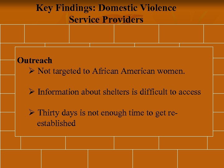 Key Findings: Domestic Violence Service Providers Outreach Ø Not targeted to African American women.
