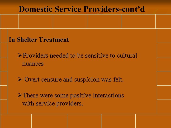 Domestic Service Providers-cont’d In Shelter Treatment ØProviders needed to be sensitive to cultural nuances