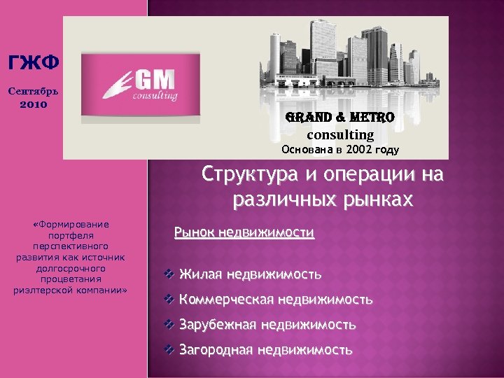 ГЖФ Сентябрь 2010 Grand & Metro consulting Основана в 2002 году Структура и операции