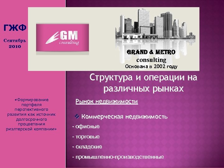 ГЖФ Сентябрь 2010 Grand & Metro consulting Основана в 2002 году Структура и операции