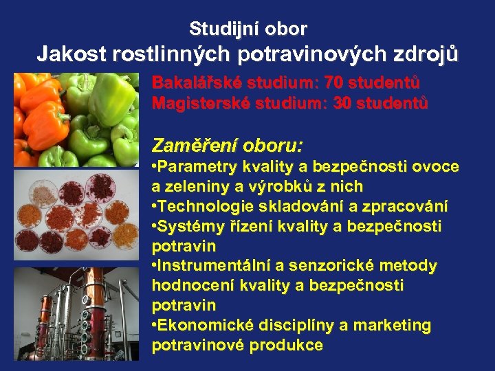 Studijní obor Jakost rostlinných potravinových zdrojů Bakalářské studium: 70 studentů Magisterské studium: 30 studentů