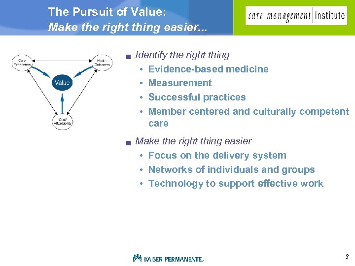 The Pursuit of Value: Make the right thing easier. . . g g Identify