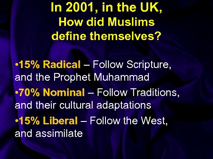 In 2001, in the UK, How did Muslims define themselves? • 15% Radical –