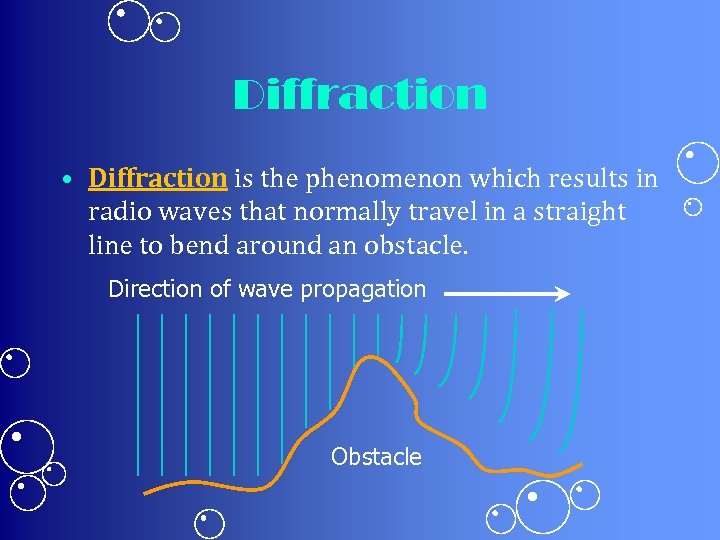 Diffraction • Diffraction is the phenomenon which results in radio waves that normally travel