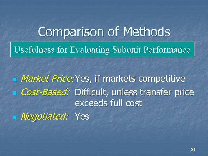 Comparison of Methods Usefulness for Evaluating Subunit Performance n n n Market Price: Yes,