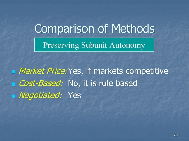 Comparison of Methods Preserving Subunit Autonomy n n n Market Price: Yes, if markets