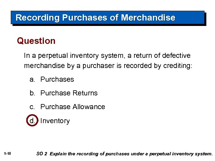 Recording Purchases of Merchandise Question In a perpetual inventory system, a return of defective