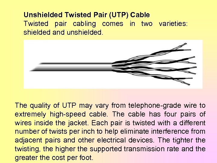 Unshielded Twisted Pair (UTP) Cable Twisted pair cabling comes in two varieties: shielded and