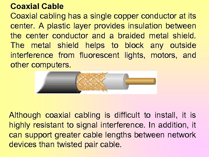 Coaxial Cable Coaxial cabling has a single copper conductor at its center. A plastic