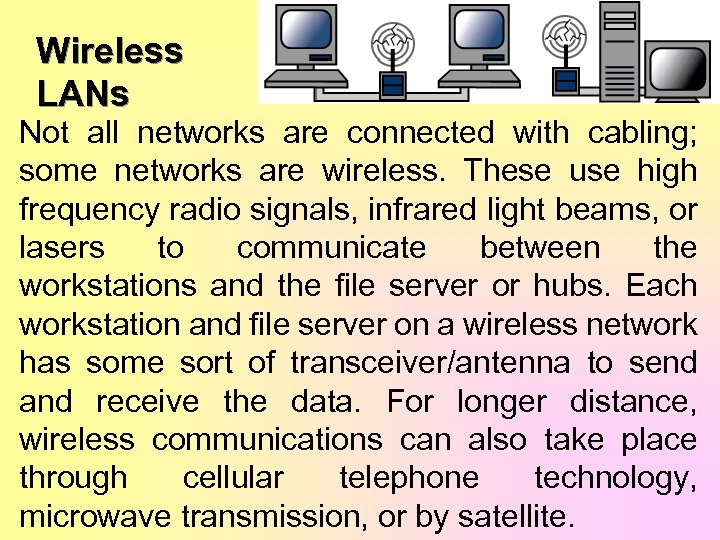 Wireless LANs Not all networks are connected with cabling; some networks are wireless. These