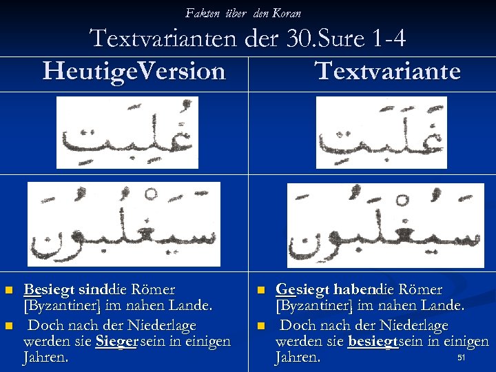 Fakten über den Koran Textvarianten der 30. Sure 1 -4 Heutige. Version Textvariante n