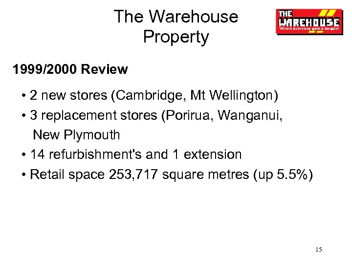 The Warehouse Property 1999/2000 Review • 2 new stores (Cambridge, Mt Wellington) • 3