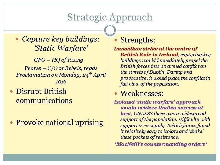 Strategic Approach Capture key buildings: ‘Static Warfare’ GPO – HQ of Rising Pearse –