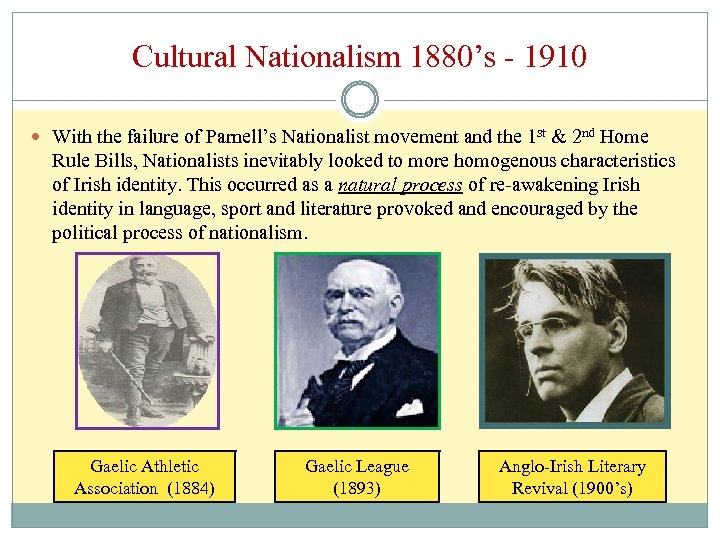 Cultural Nationalism 1880’s - 1910 With the failure of Parnell’s Nationalist movement and the