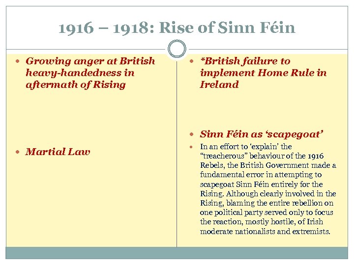 1916 – 1918: Rise of Sinn Féin Growing anger at British heavy-handedness in aftermath