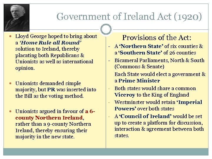 ` Government of Ireland Act (1920) Lloyd George hoped to bring about a ‘Home