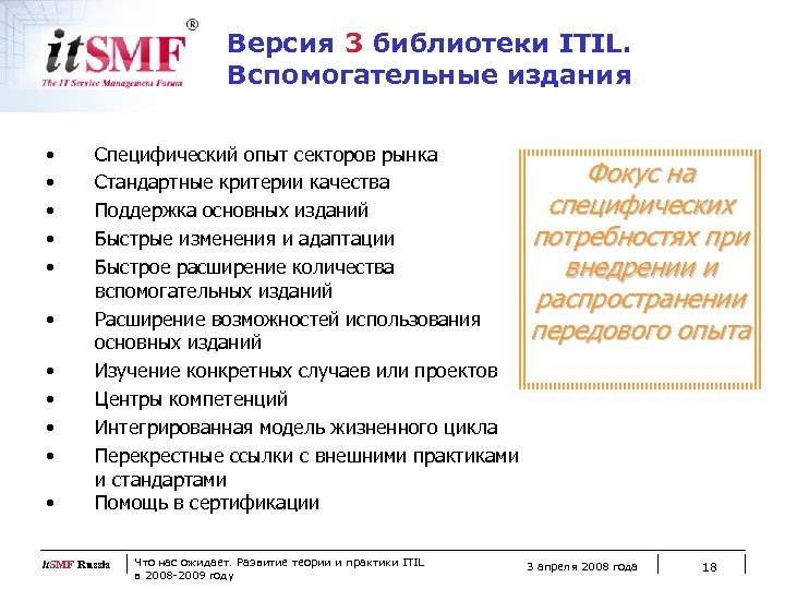 Версия 3 библиотеки ITIL. Вспомогательные издания • • • Специфический опыт секторов рынка Стандартные
