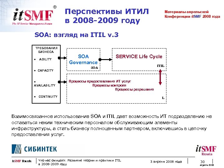 Перспективы ИТИЛ в 2008 -2009 году Материалы апрельской Конференции it. SMF 2008 года SOA: