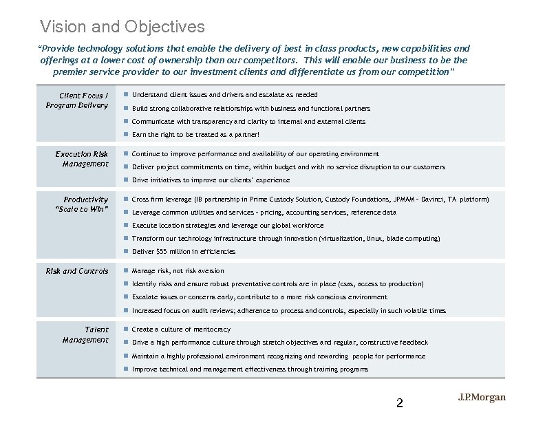 Vision and Objectives “Provide technology solutions that enable the delivery of best in class