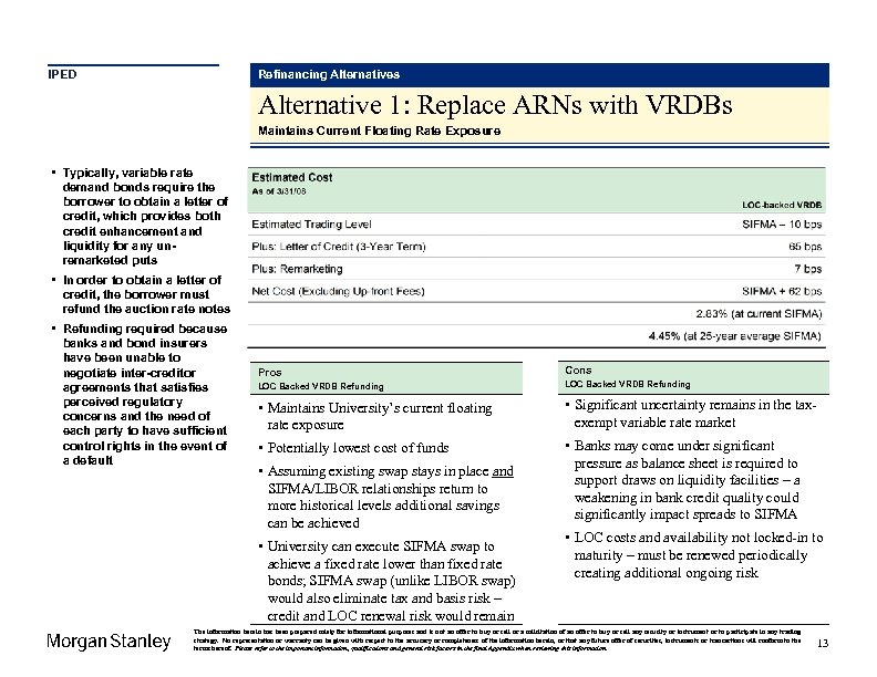 IPED Refinancing Alternatives Alternative 1: Replace ARNs with VRDBs Maintains Current Floating Rate Exposure